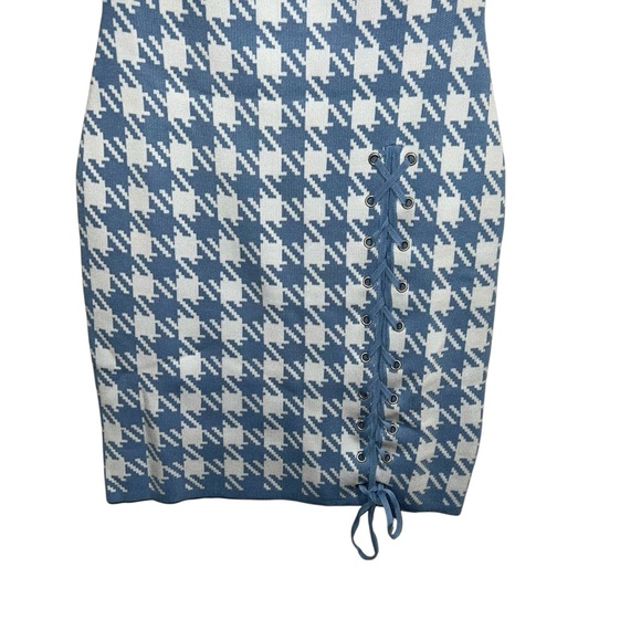 NEW NWT Fleur Du Mal Houndstooth Knit Mini Dress Baby Blue & Ivory - Picture 6 of 10